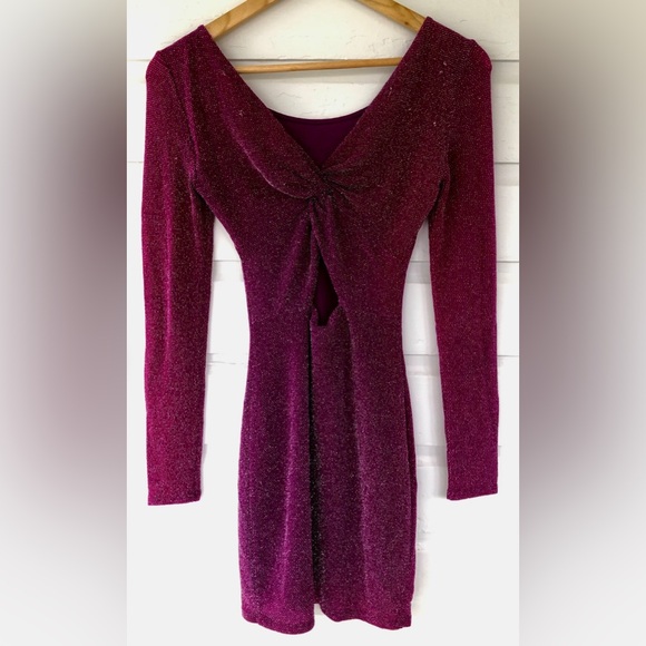 GUESS Mini Bodycon purple Silver Sparkly Long Sleeve Cut Out Back Dress S - Picture 6 of 12